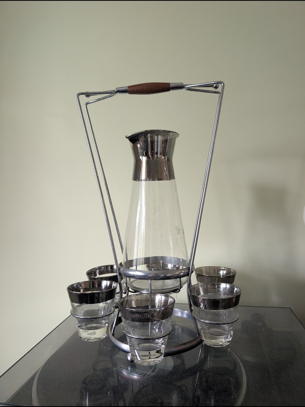 Mid Century Vintage Silver-Tone Glass Carafe Carrier Set with Six Tumblers